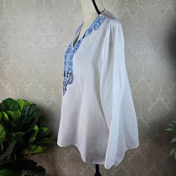 Symple NYC White Linen Tunic Blouse Ombre Blue Embroidery Roll Tab Sleeves - Picture 8 of 15